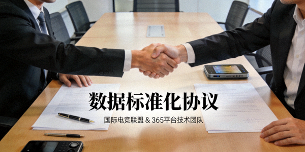 国际电竞联盟代表与365平台技术团队握手合作签署数据标准化协议的场景
