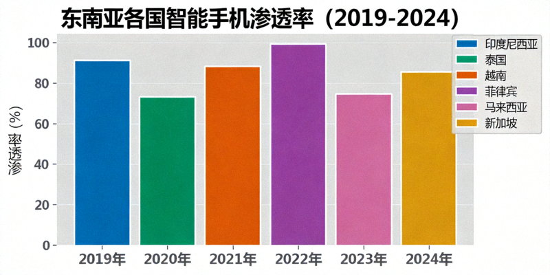 东南亚各国智能手机渗透率逐年增长的柱状图，显示2019年至2024年的快速上升趋势
